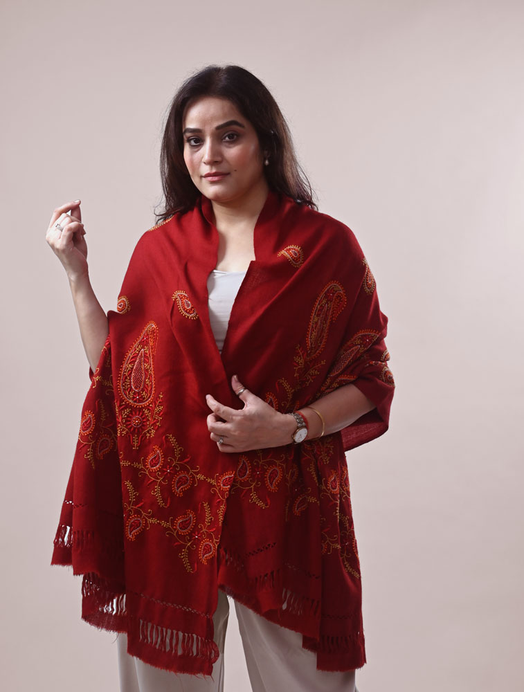 Red Woollen Shawl with Hand Embroidered Chikankari Main Image
