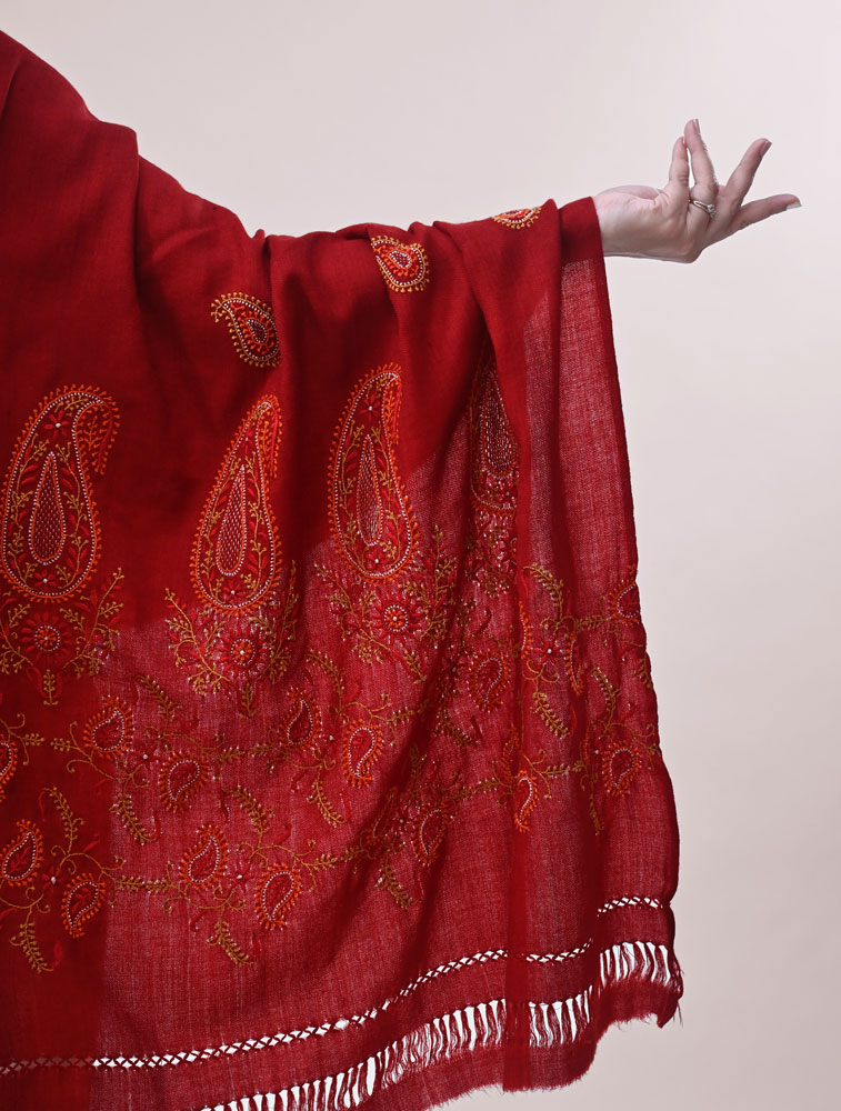 Red Woollen Shawl with Hand Embroidered Chikankari Back Image