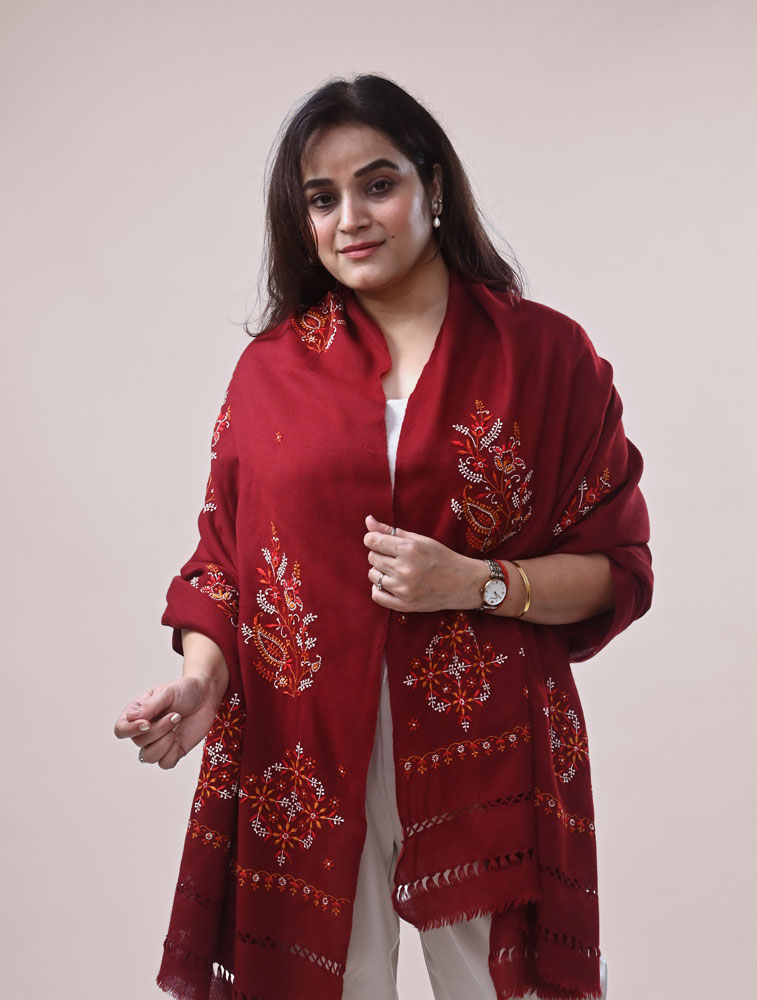 Maroon Shawl with Hand Embroidered Chikankari Main Image