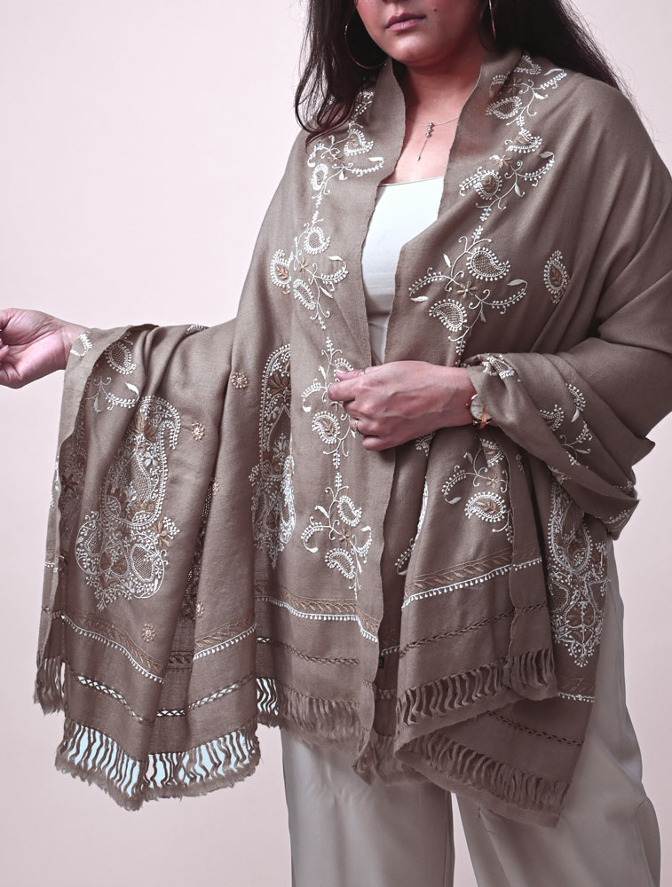 Dark Beige Embroidered Woollen Shawl with Chikankari Back Image