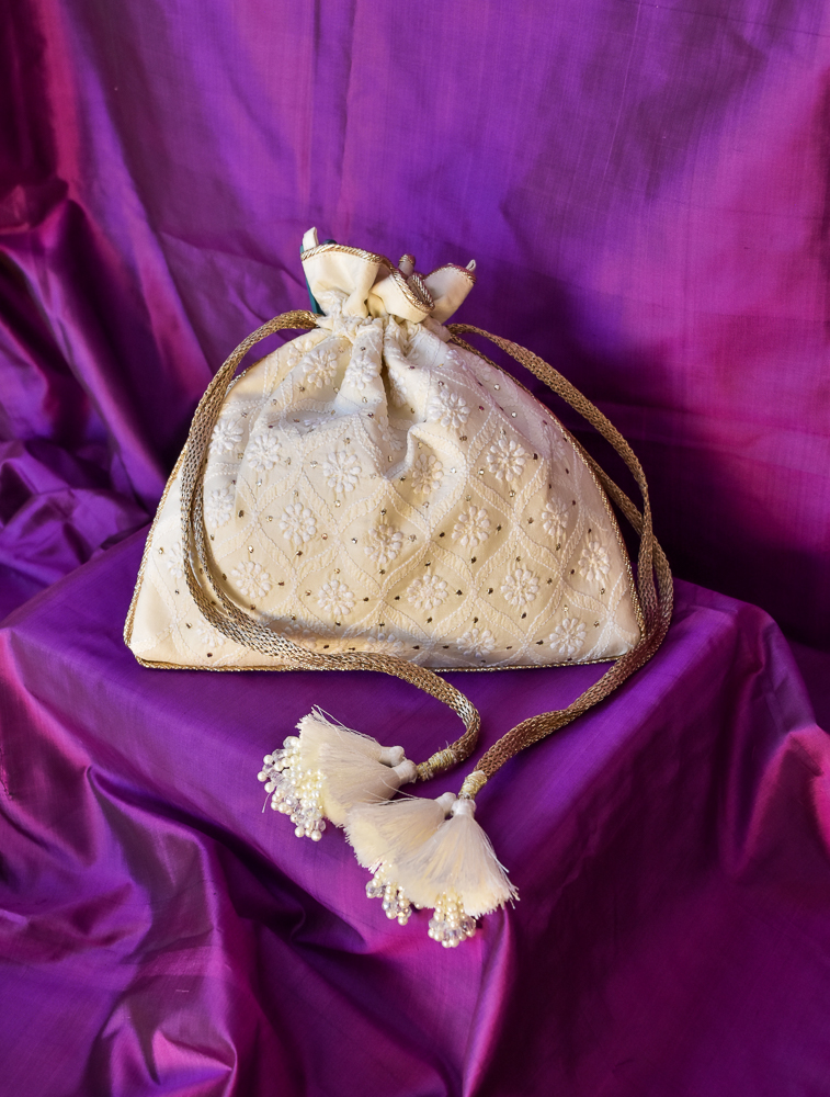 Cream Tussar Silk Chikankari Squared Potli Evening Bag Main Image