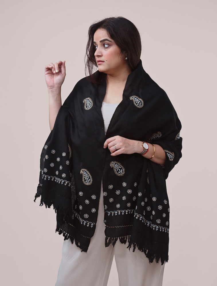 Black Woollen Stole with Hand Embroidered Chikankari Back Image