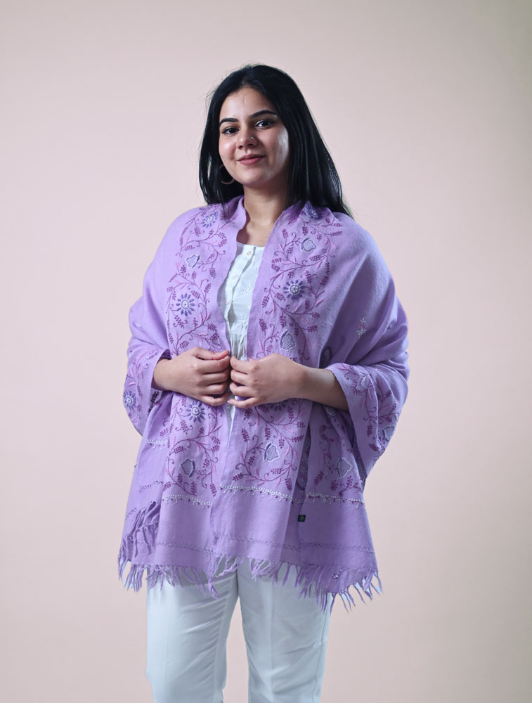 Lavender Woollen Stole with Hand Embroidered Chikankari Main Image