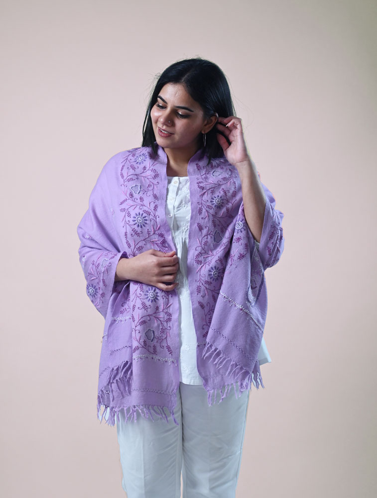 Lavender Woollen Stole with Hand Embroidered Chikankari Back Image