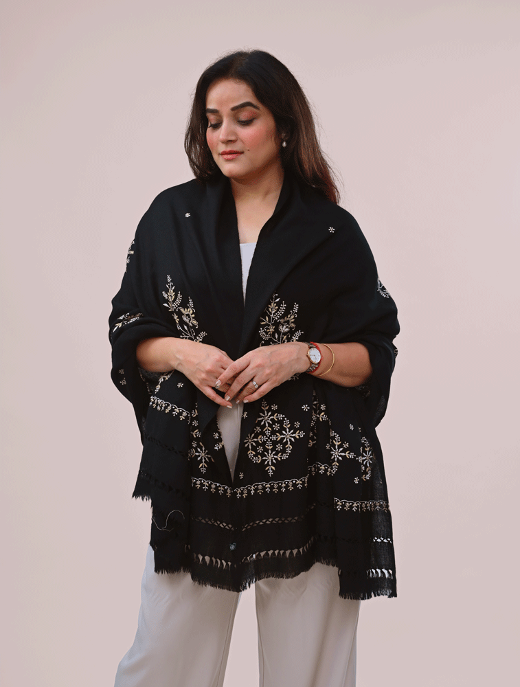 Black Woollen Shawl with Chikankari Hand Embroidery Back Image