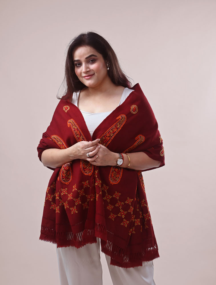 Maroon Woollen Shawl With Hand Embroidered Chikankari Main Image