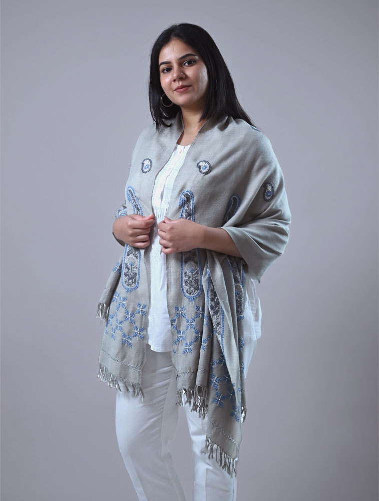 Grey Woollen Shawl with Hand Embroidered Chikankari Main Image