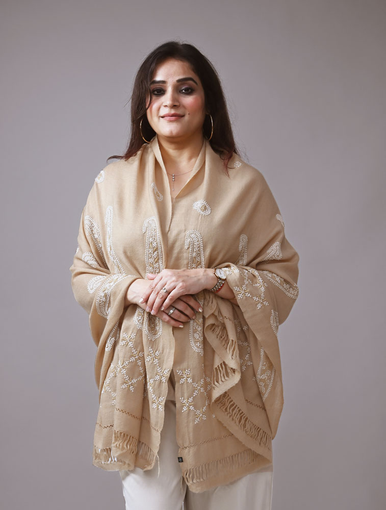 Beige Woollen Shawl with Hand Embroidered Chikankari Main Image