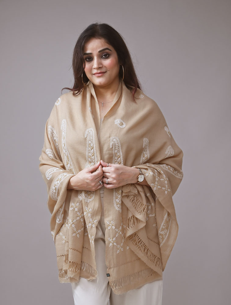 Beige Woollen Shawl with Hand Embroidered Chikankari Back Image