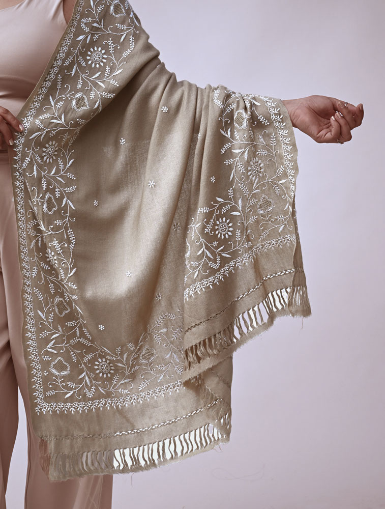 Beige Woollen Shawl with Hand Embroidered Chikankari Back Image