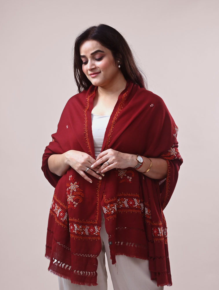Maroon Woollen Shawl with Hand Embroidered Chikankari Main Image