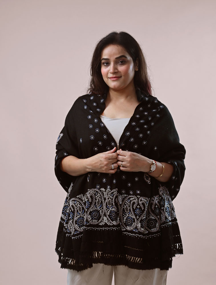 Black Woollen Shawl with Hand Embroidered Chikankari Main Image