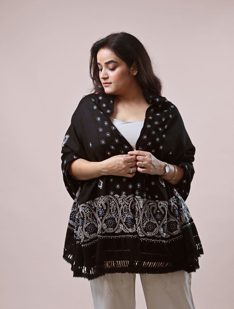 Black Woollen Shawl with Hand Embroidered Chikankari Back Image