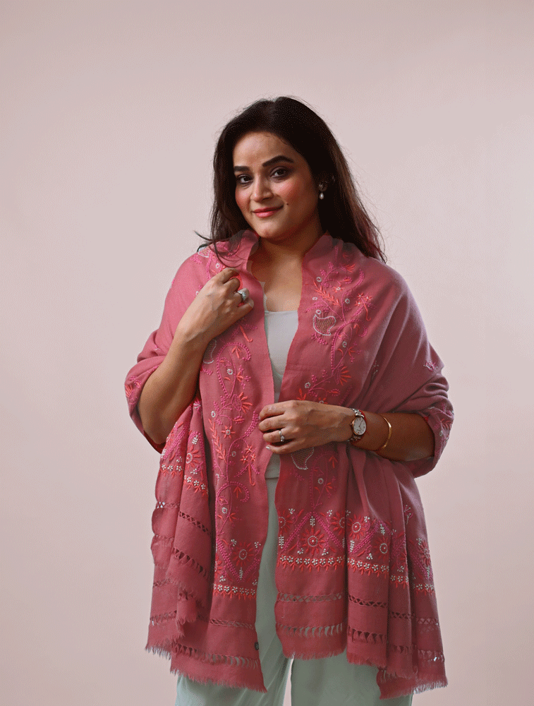 Pink Woollen Shawl with Hand Embroidered Chikankari Main Image