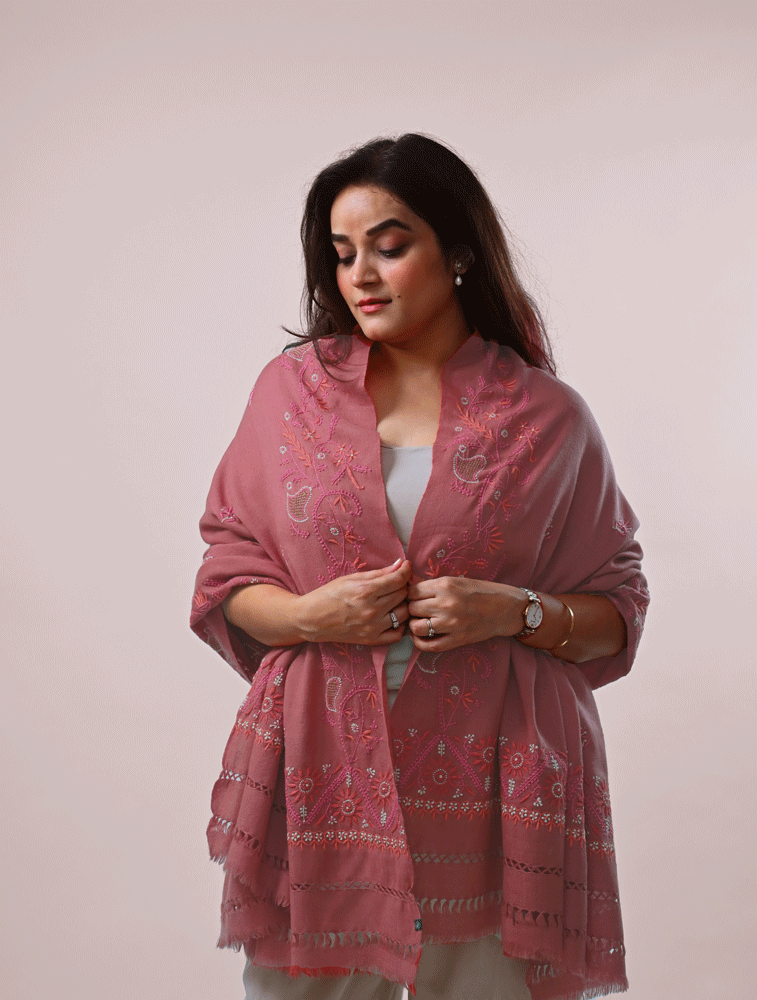 Pink Woollen Shawl with Hand Embroidered Chikankari Back Image