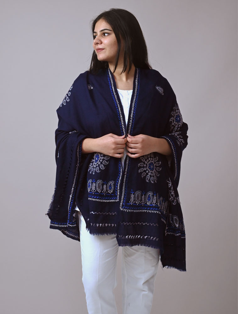 Navy Blue Embroidered Woollen Shawl with Chikankari Main Image