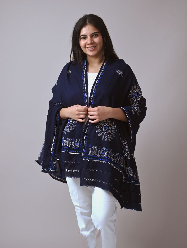 Navy Blue Embroidered Woollen Shawl with Chikankari Back Image