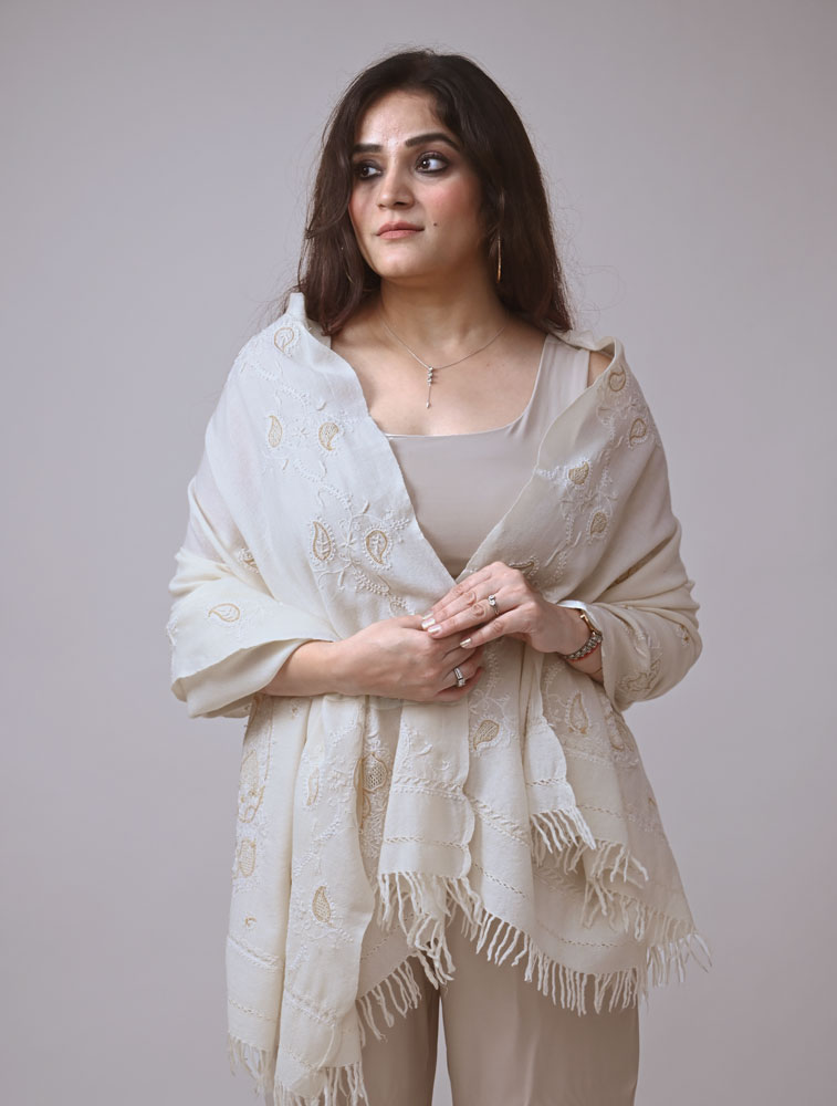 Cream Embroidered Woollen Shawl with Chikankari Main Image