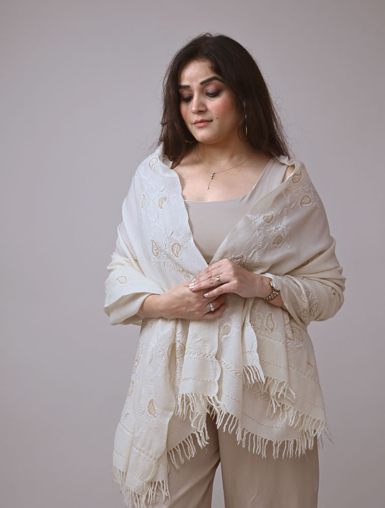 Cream Embroidered Woollen Shawl with Chikankari Back Image