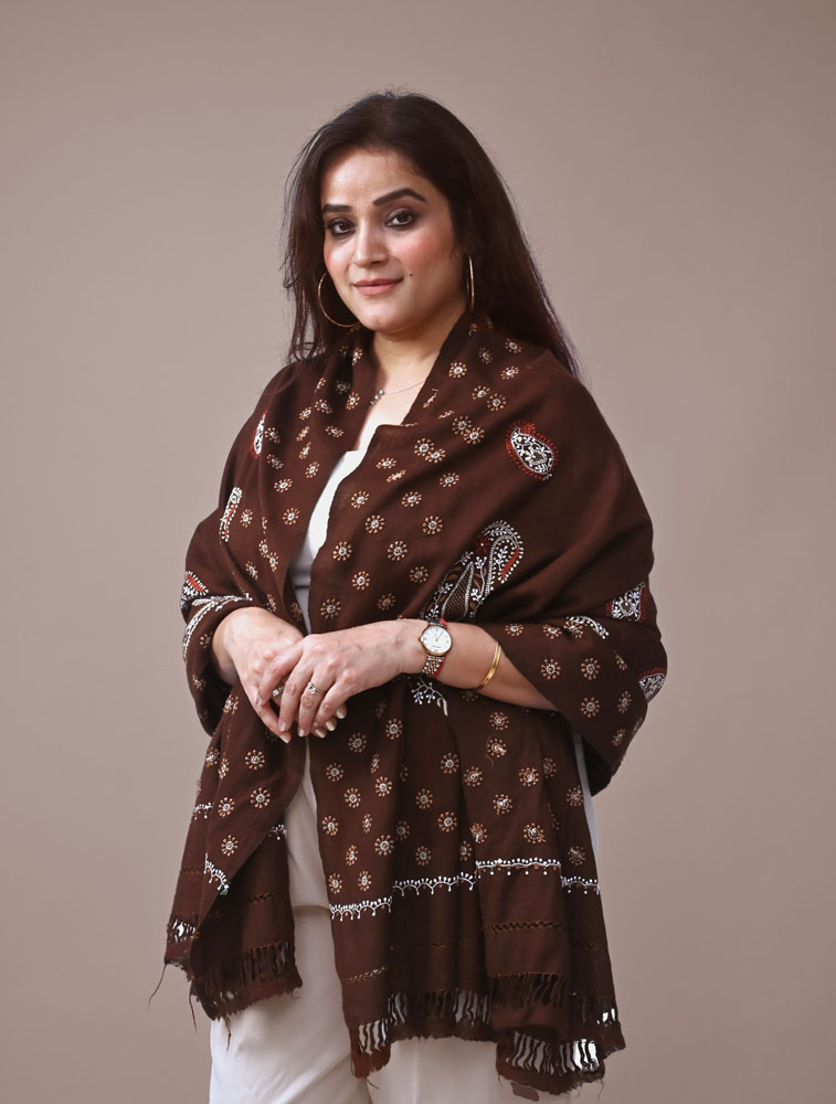 Brown Hand embroidered Woollen Shawl with Chikankari Main Image