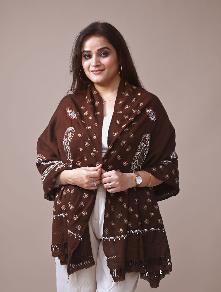 Brown Hand embroidered Woollen Shawl with Chikankari Back Image