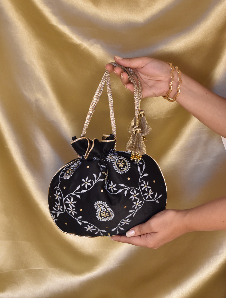 Black Chikankari Rounded Potli Evening Bag Back Image