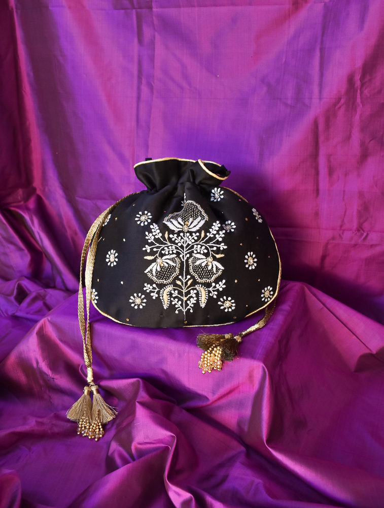 Black Chikankari Rounded Potli Evening Bag Main Image