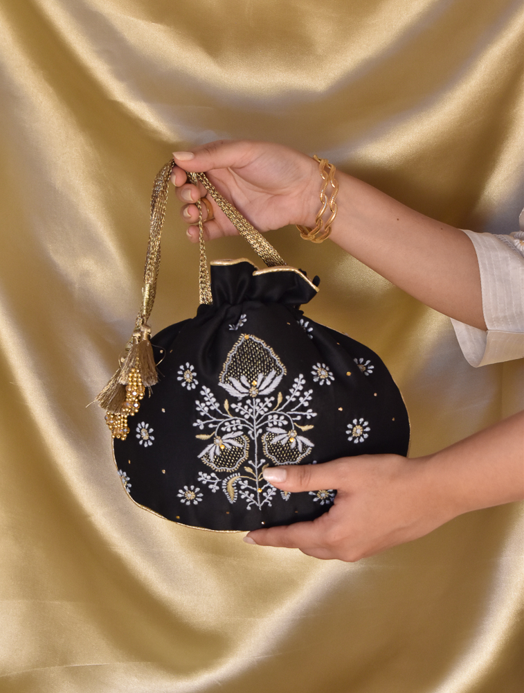 Black Chikankari Rounded Potli Evening Bag Back Image