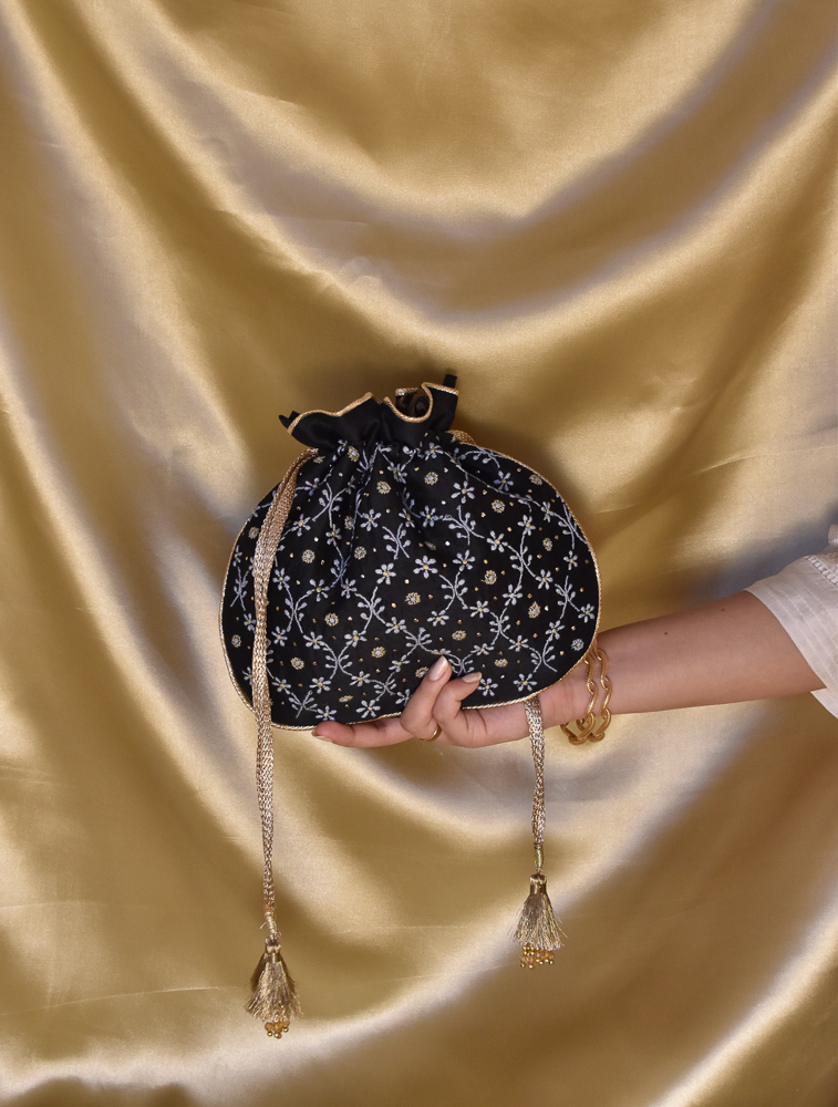 Black Chikankari Rounded Potli Evening Bag Back Image