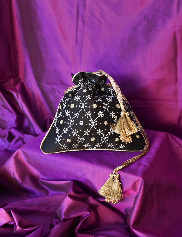 Black Chikankari Squared Potli Evening Bag Main Image