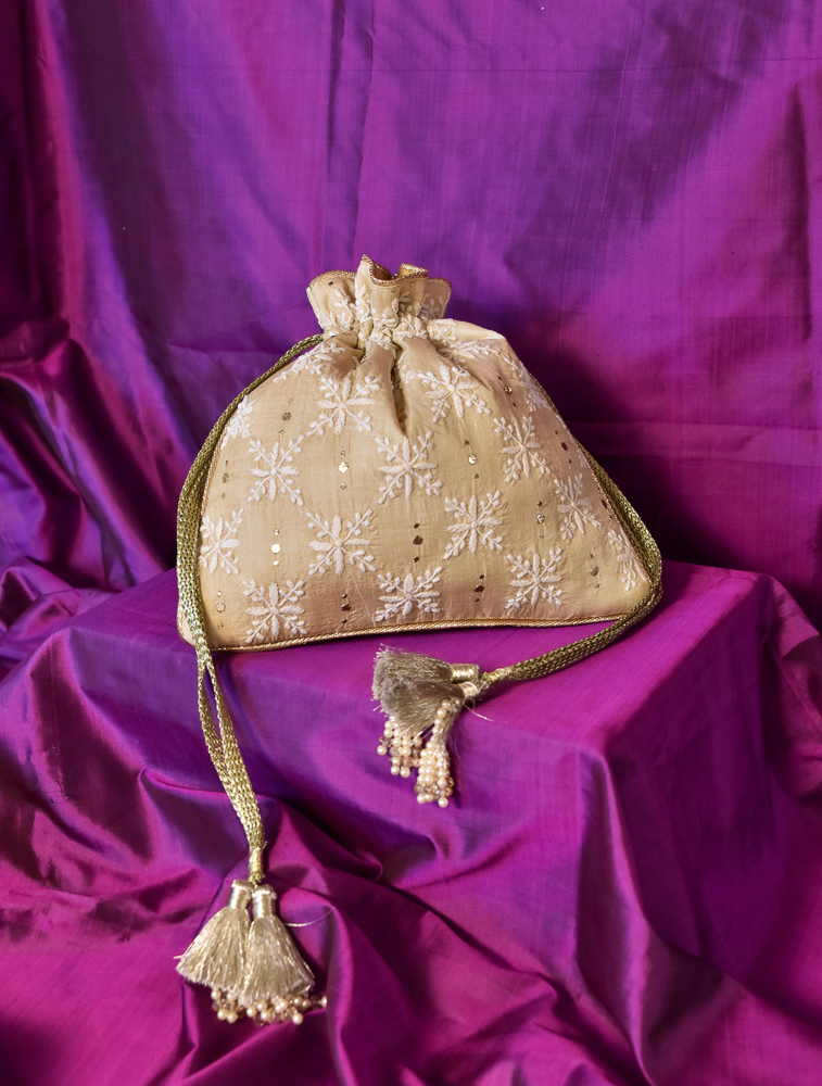 Beige Tussar Silk Chikankari Squared Potli Evening Bag Main Image