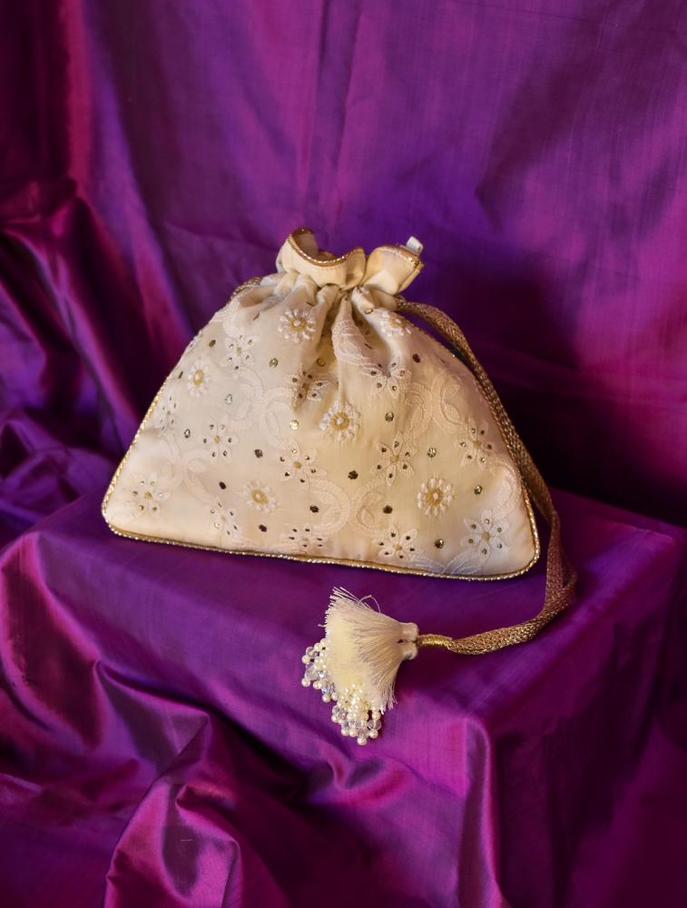 Cream Tussar Silk Chikankari Squared Potli Evening Bag Main Image
