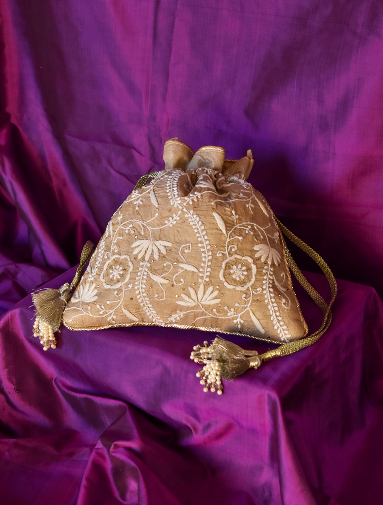 Beige Tussar Silk Chikankari Squared Potli Evening Bag Main Image