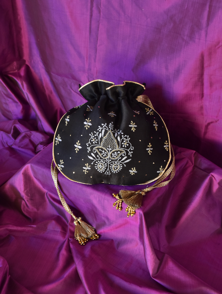 Black Chikankari Rounded Potli Evening Bag Main Image