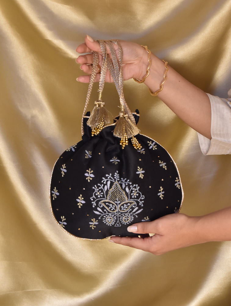 Black Chikankari Rounded Potli Evening Bag Back Image
