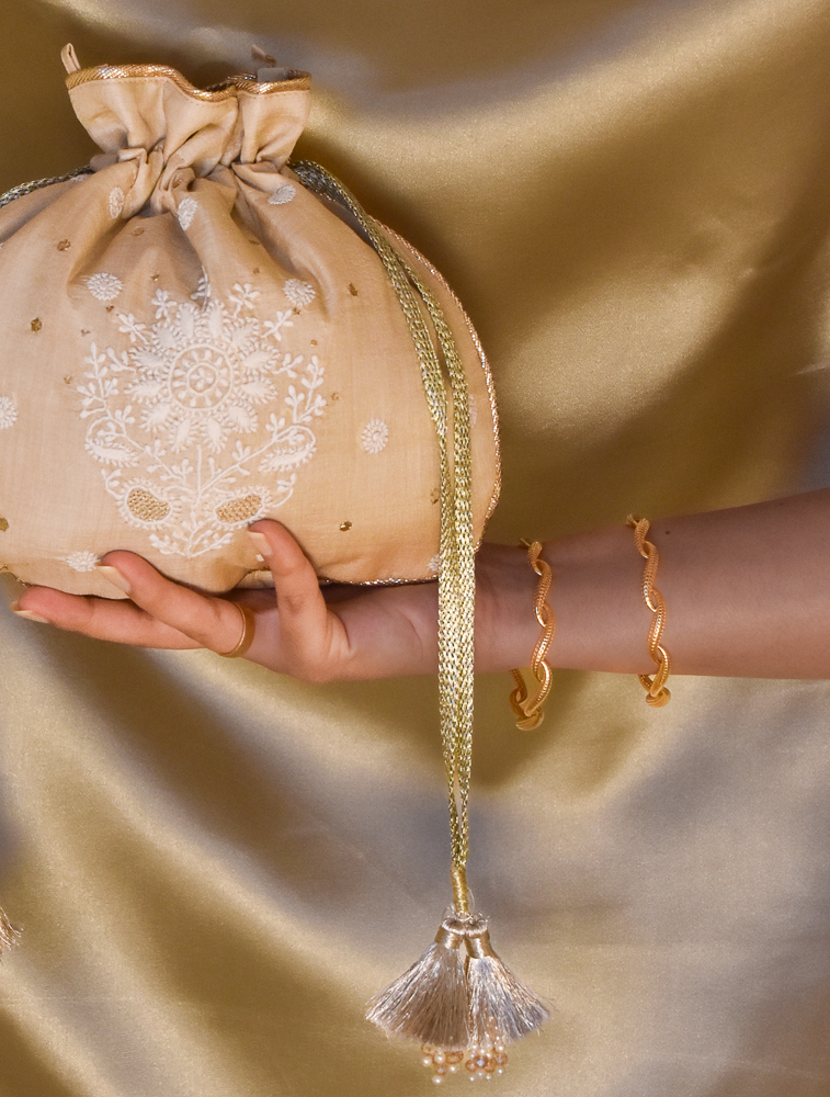 Beige Tussar Silk Chikankari Rounded Potli Evening Bag Back Image