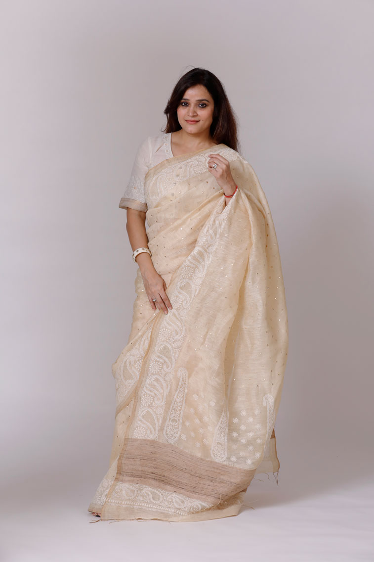 Light Beige Linen Tussar Saree with Mirrorwork and Hand Embroidered Chikankari Main Image