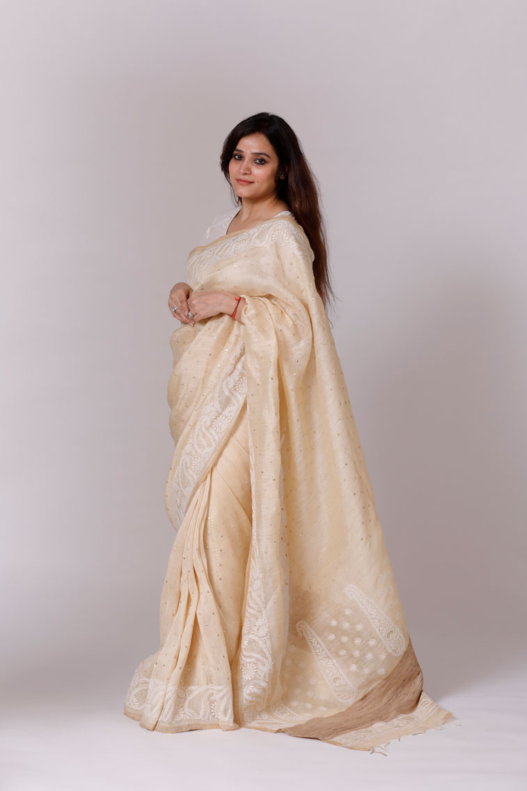 Light Beige Linen Tussar Saree with Mirrorwork and Hand Embroidered Chikankari Back Image