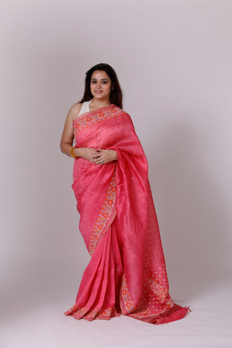 Watermelon Pink Linen Tussar Saree with Mirrorwork and Chikankari Main Image