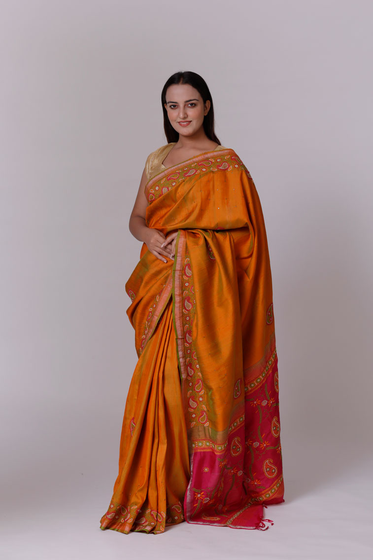 Contrast Raw Silk Saree with Hand Embroidered Chikankari Main Image