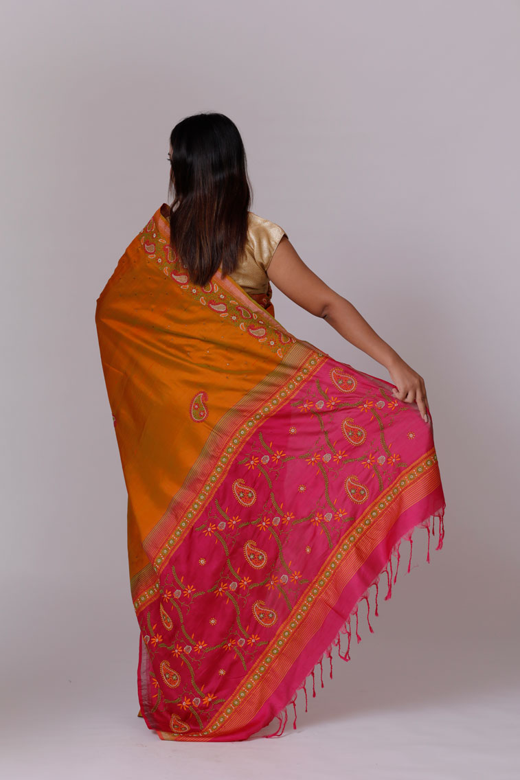Contrast Raw Silk Saree with Hand Embroidered Chikankari Back Image