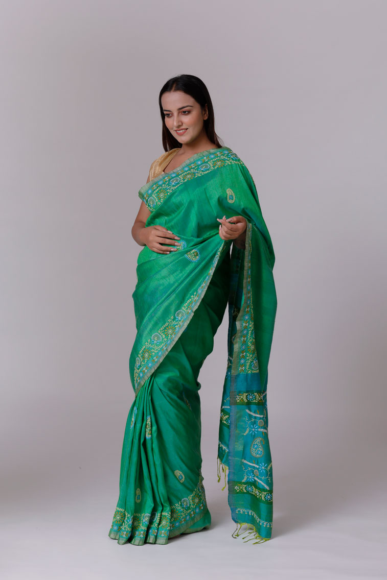 Green Raw Silk Saree with Hand Embroidered Chikankari Main Image