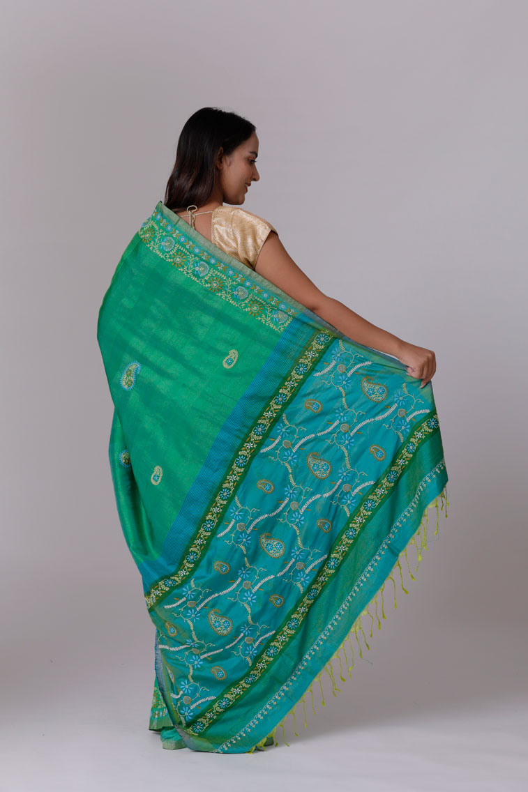 Green Raw Silk Saree with Hand Embroidered Chikankari Back Image