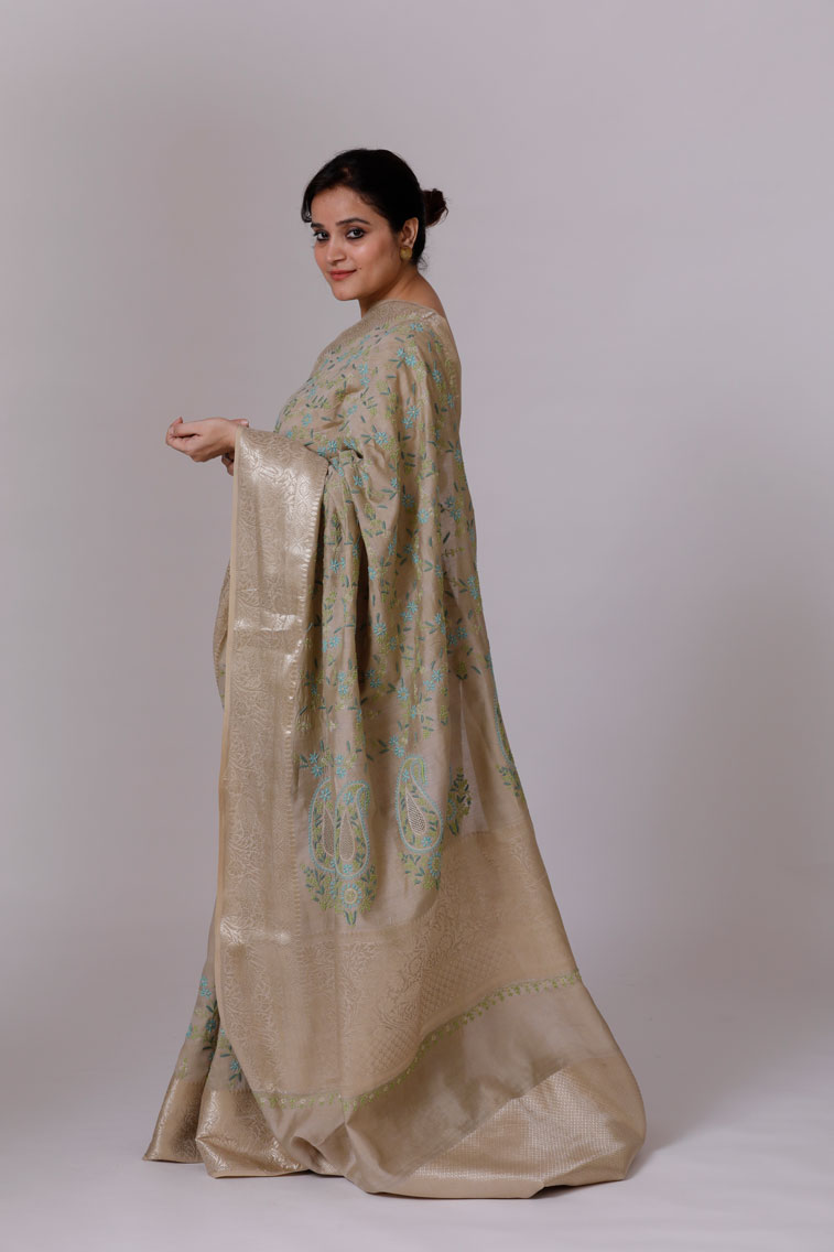 Brocade and Tussar Silk Saree with Hand Embroidery Back Image