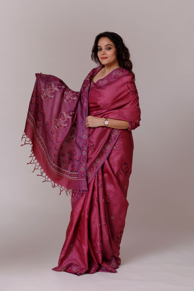 Magenta Tussar Silk Saree with Chikankari Main Image