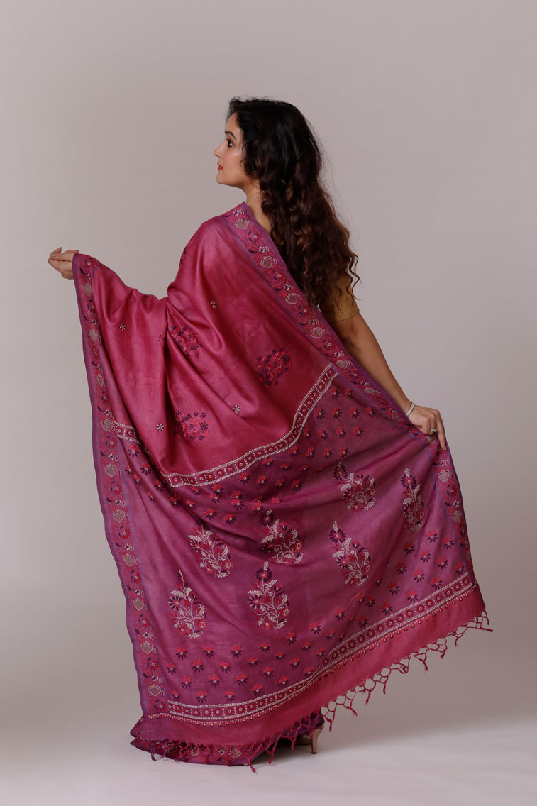 Magenta Tussar Silk Saree with Chikankari Back Image