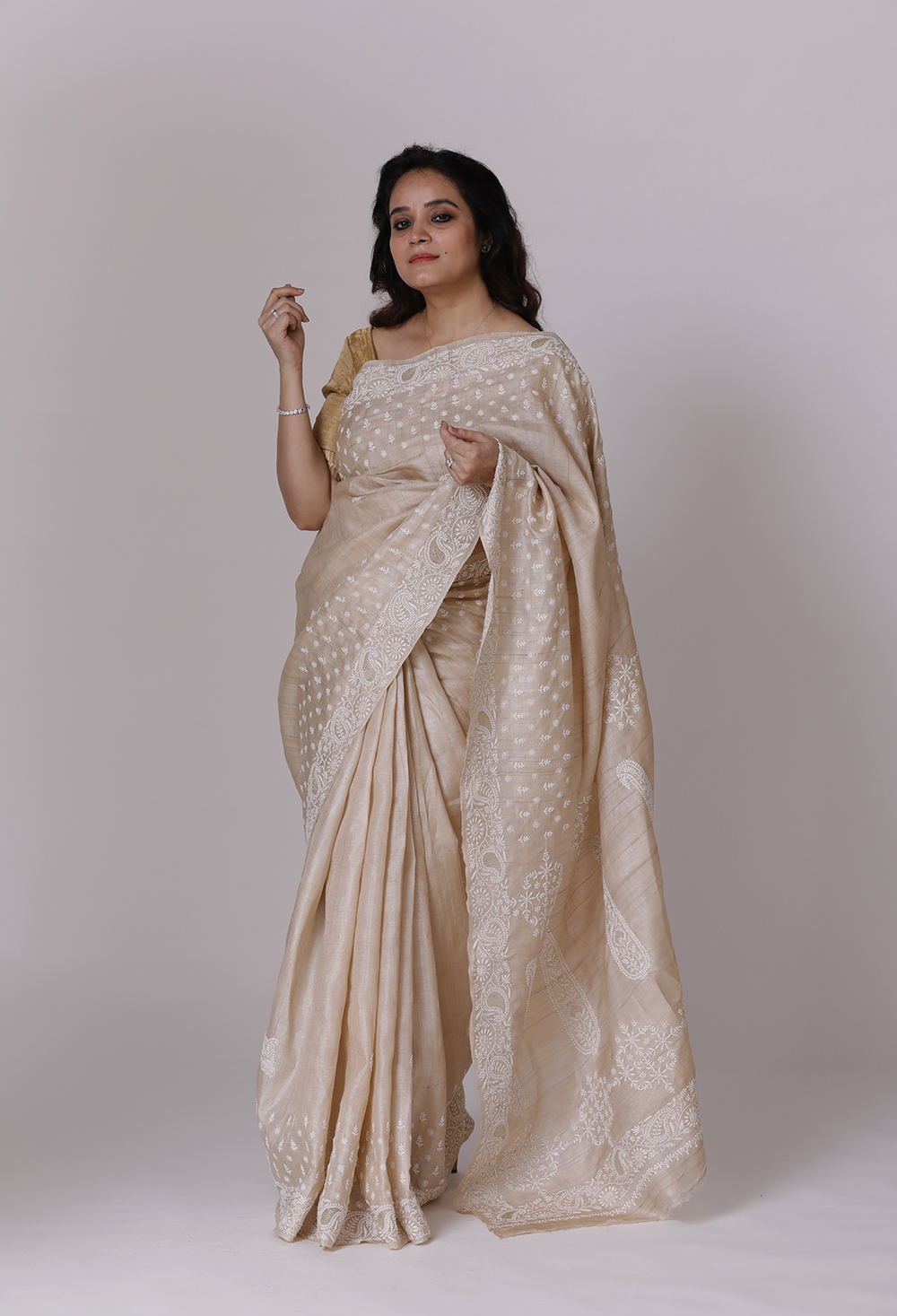 Natural Beige Tussar Silk Saree with Chikankari Main Image