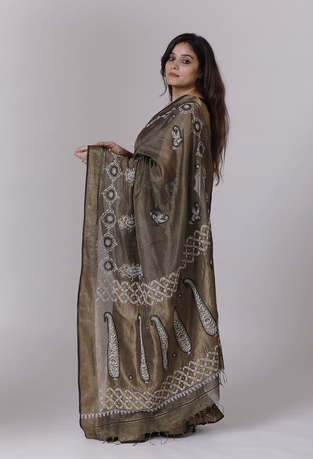 Black Tissue Maheshwari Saree with Chikankari Back Image