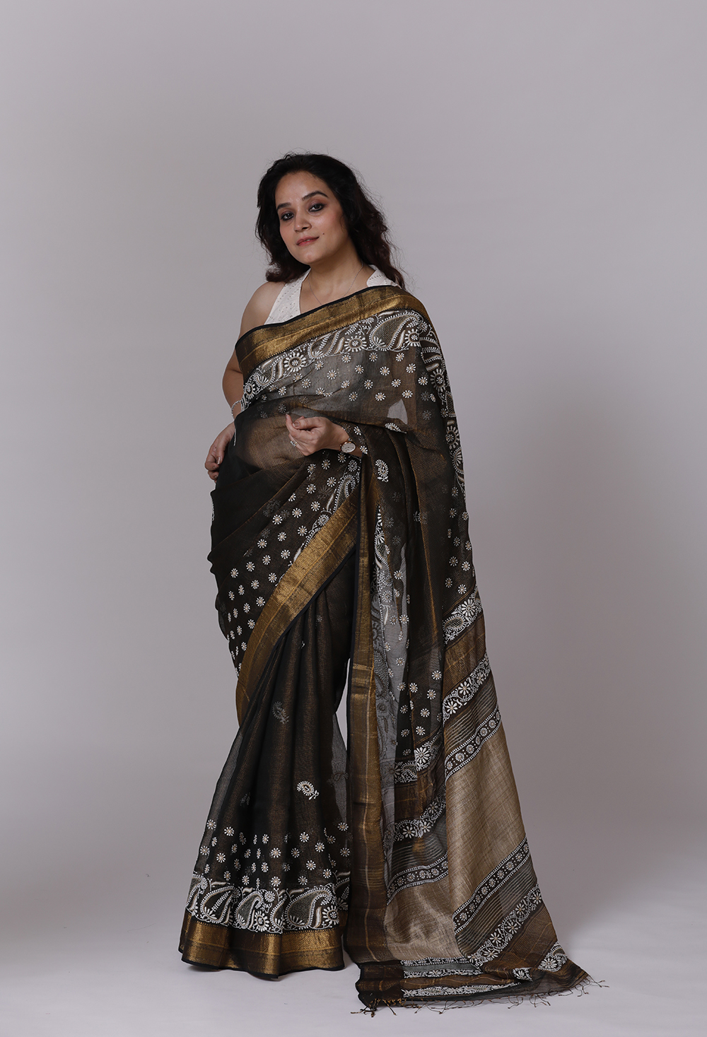 Black Tissue Maheshwari Saree with Chikankari Main Image