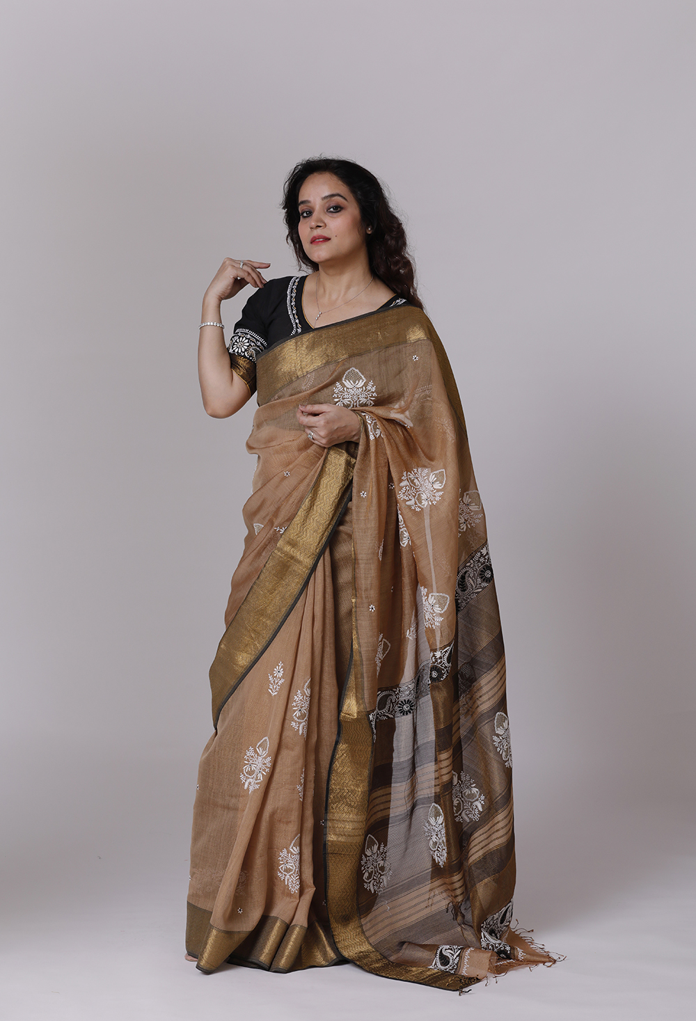 Beige Black Tissue Maheshwari with Chikankari Main Image